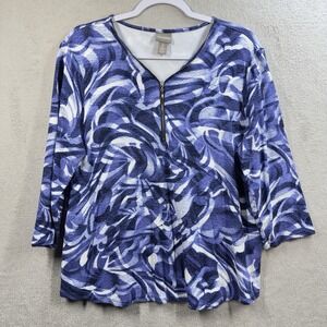 Chico's 1/4 Zip Blue Abstract Printed Top Women's XL (3)  Stretch 3/4 Sleeve